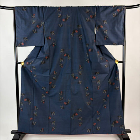 【美品】 紬織織 身長162.5cm 袖長67cm M 雙層 花唐草紋 深藍 純蠶絲 秀品級
