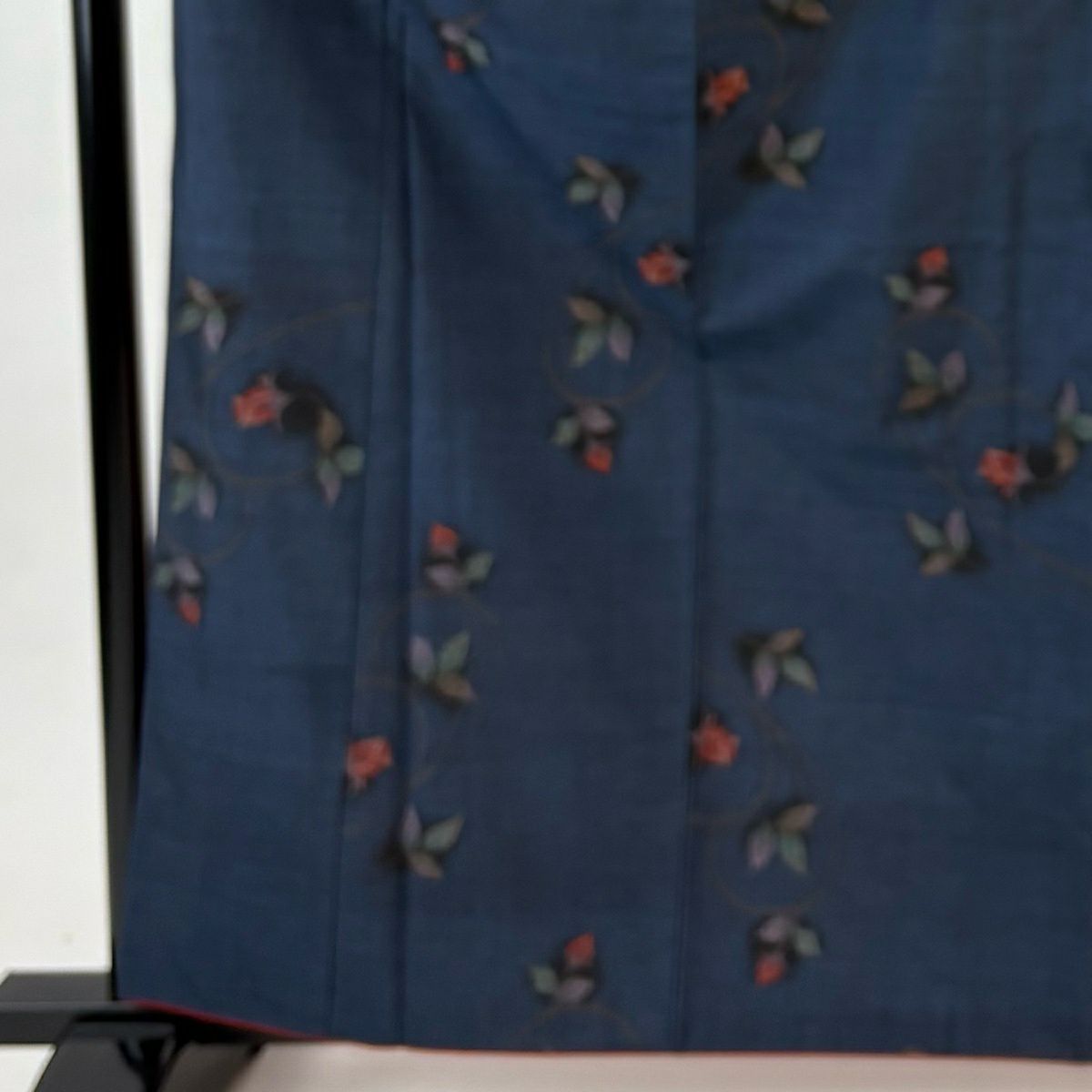 【美品】 紬織織 身長162.5cm 袖長67cm M 雙層 花唐草紋 深藍 純蠶絲 秀品級