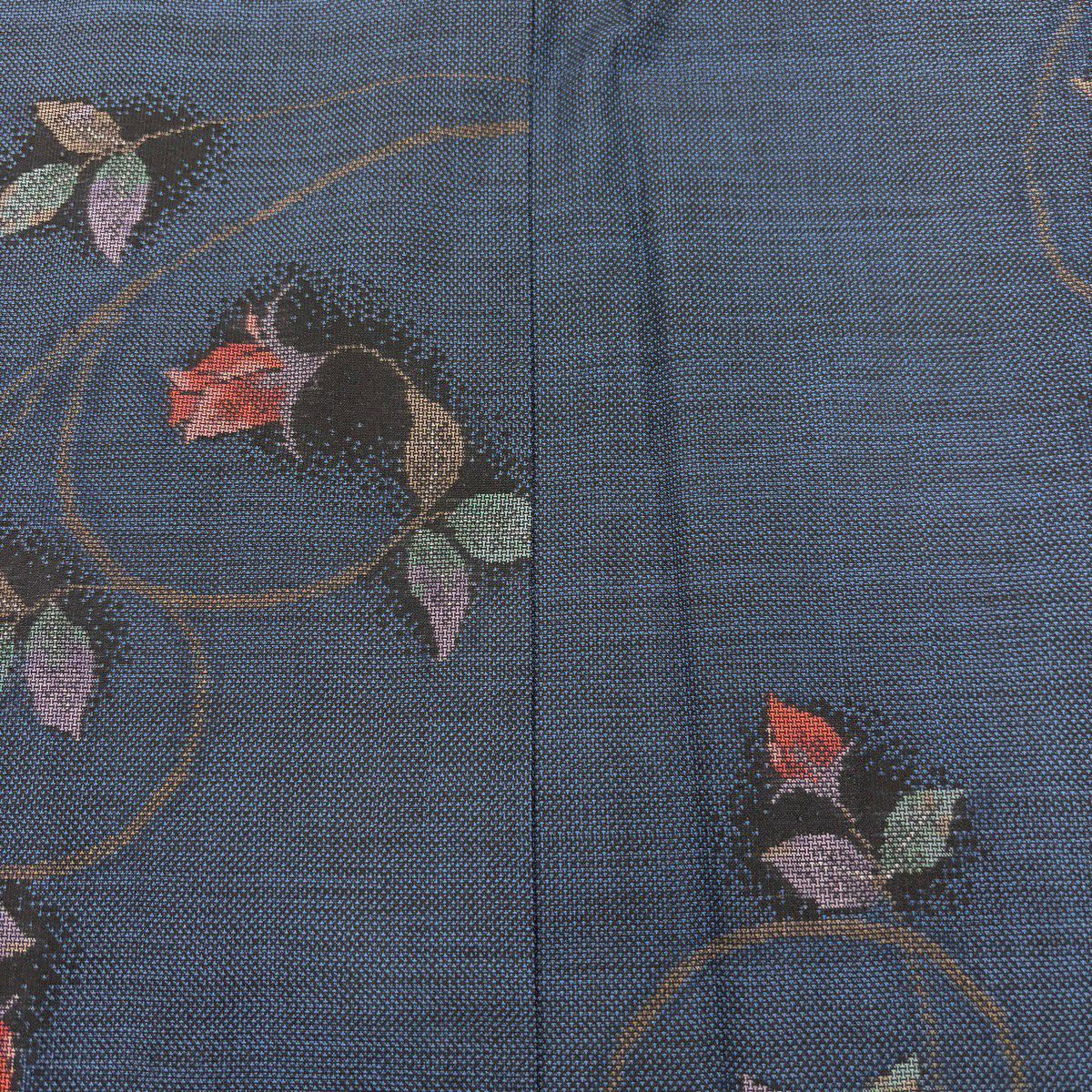 【美品】 紬織織 身長162.5cm 袖長67cm M 雙層 花唐草紋 深藍 純蠶絲 秀品級