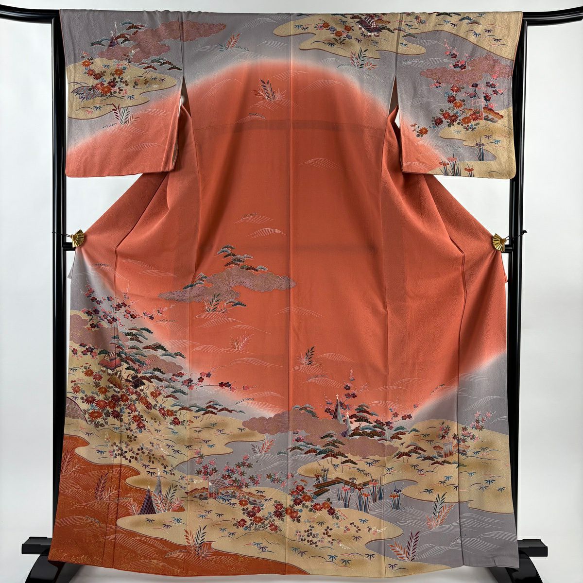 訪問服 身長166cm 袖長64.5cm M 雙層 茶屋辻 松樹竹子梅花 金彩裝飾 染分 鮭粉色 純蠶絲 秀品級