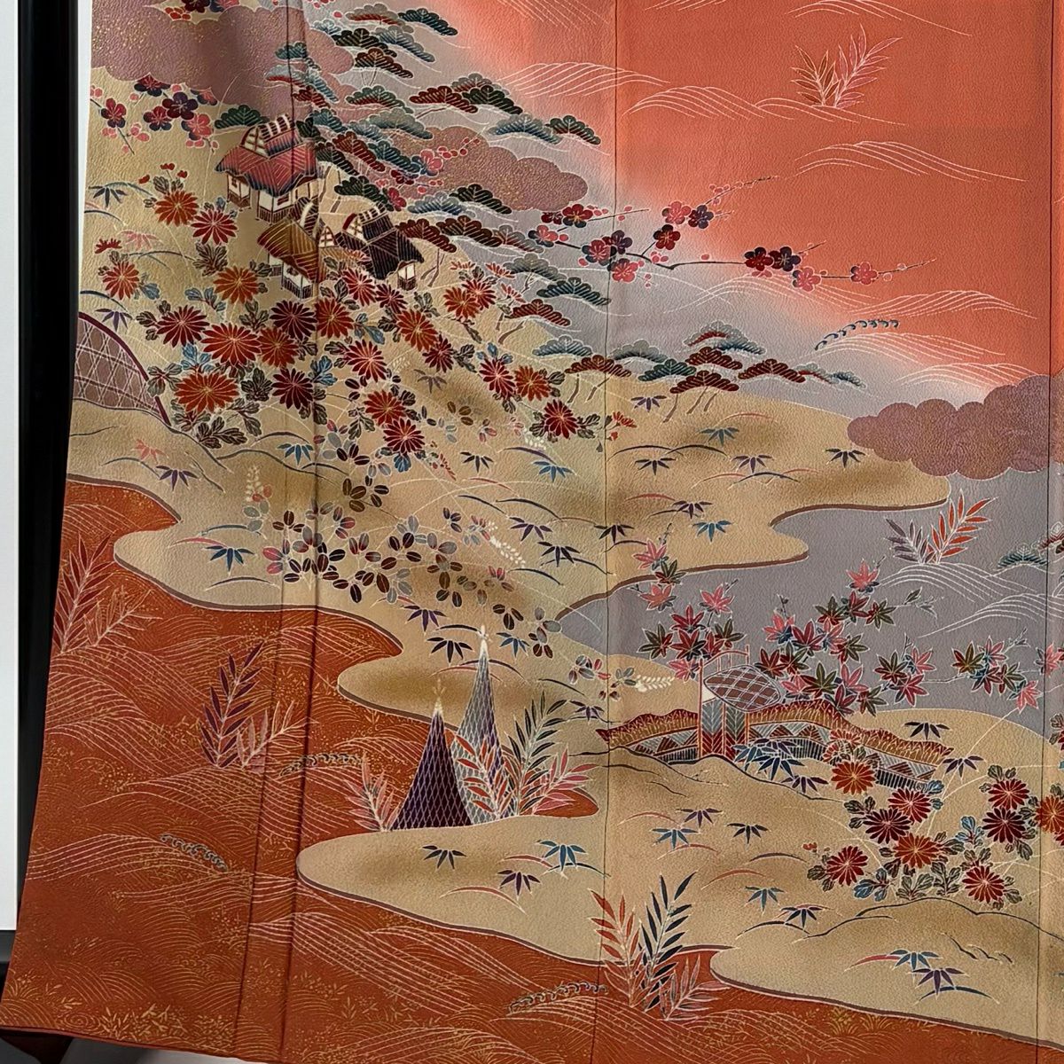 訪問服 身長166cm 袖長64.5cm M 雙層 茶屋辻 松樹竹子梅花 金彩裝飾 染分 鮭粉色 純蠶絲 秀品級
