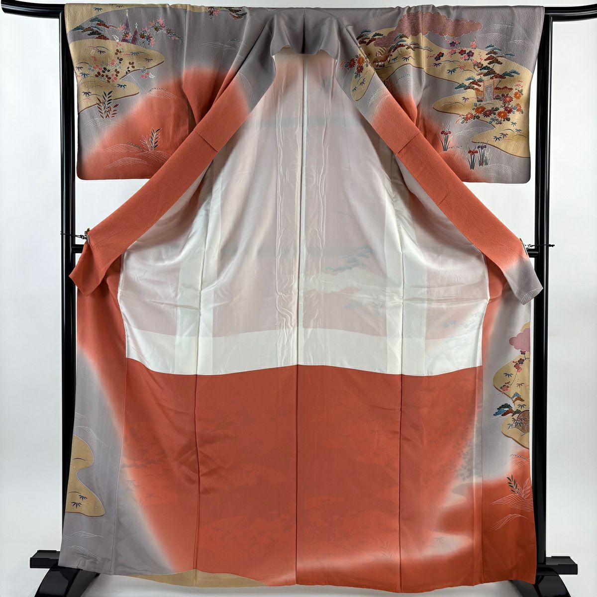 訪問服 身長166cm 袖長64.5cm M 雙層 茶屋辻 松樹竹子梅花 金彩裝飾 染分 鮭粉色 純蠶絲 秀品級