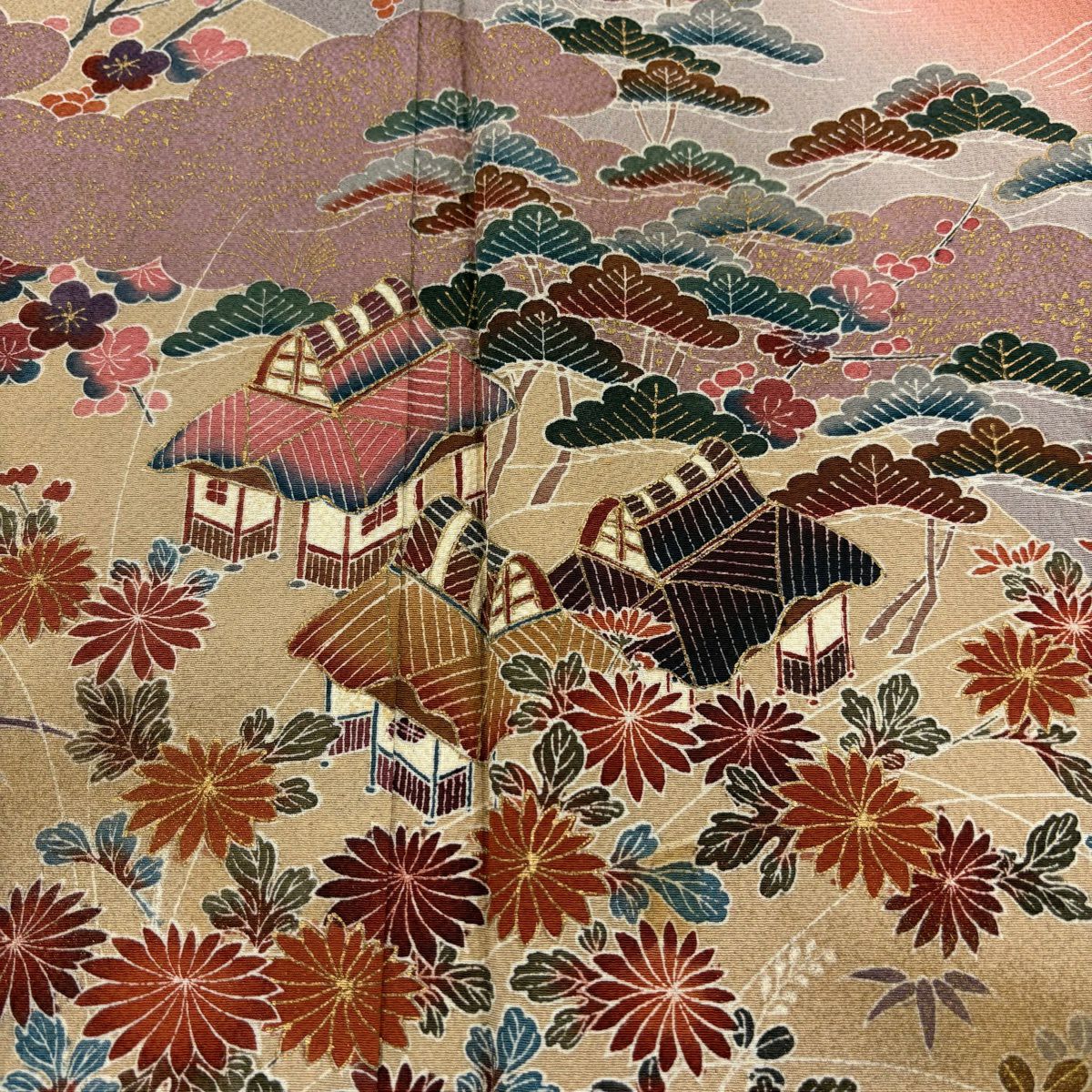訪問服 身長166cm 袖長64.5cm M 雙層 茶屋辻 松樹竹子梅花 金彩裝飾 染分 鮭粉色 純蠶絲 秀品級