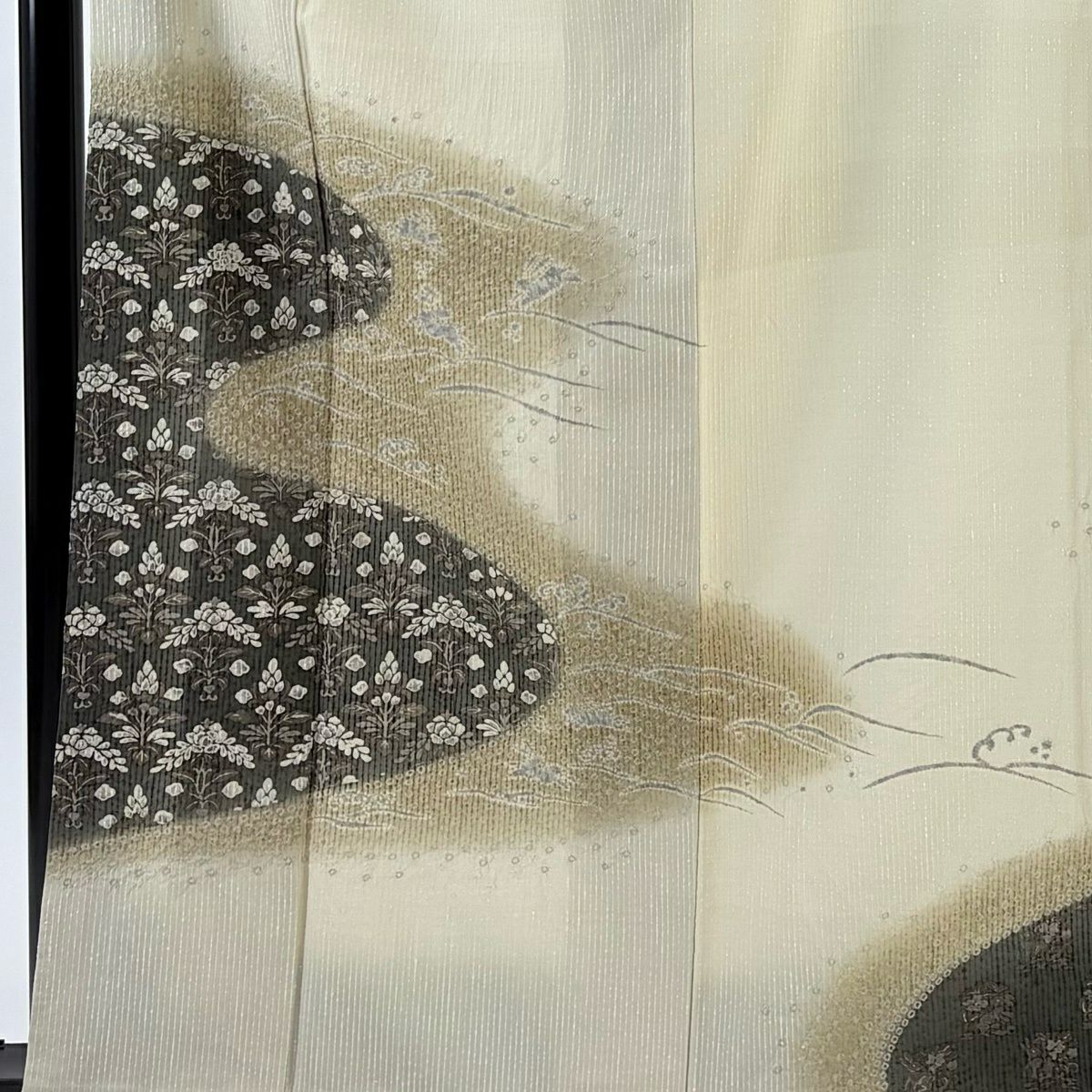訪問服 身長162.5cm 袖長64cm M 雙層 草花紋紋 波 浅米色 純蠶絲 秀品級