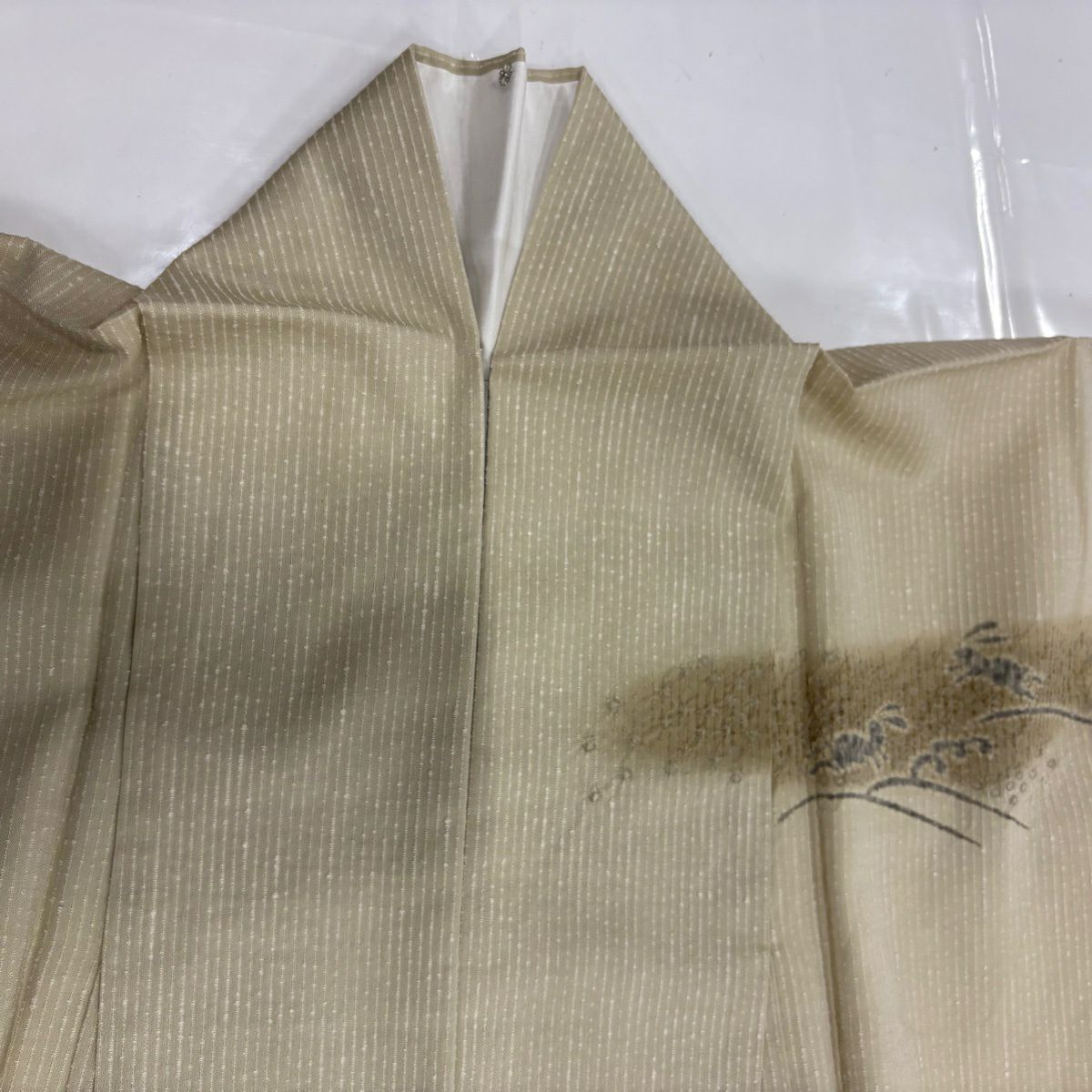 訪問服 身長162.5cm 袖長64cm M 雙層 草花紋紋 波 浅米色 純蠶絲 秀品級