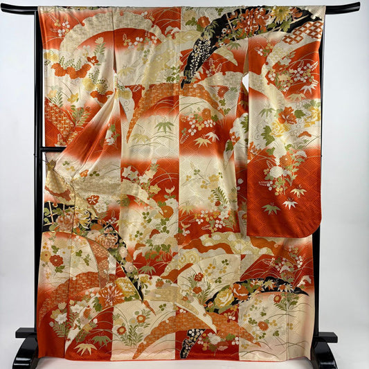 振袖禮服 身長171.5cm 袖長66cm M 雙層 雪輪 草花紋 金絲 金銀彩 朱 純蠶絲 秀品級
