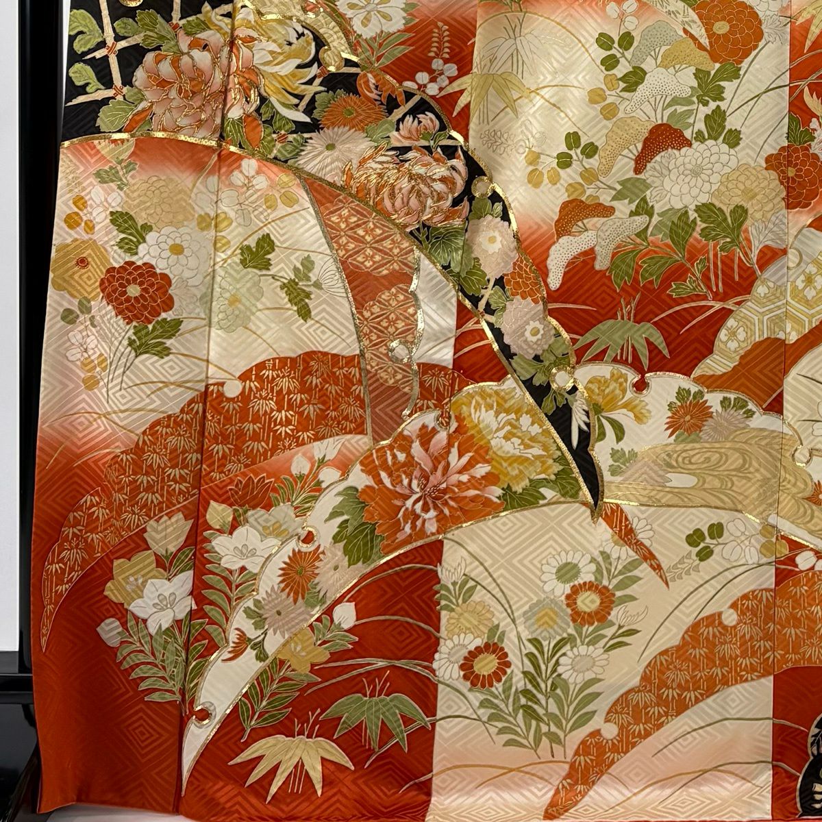 振袖禮服 身長171.5cm 袖長66cm M 雙層 雪輪 草花紋 金絲 金銀彩 朱 純蠶絲 秀品級