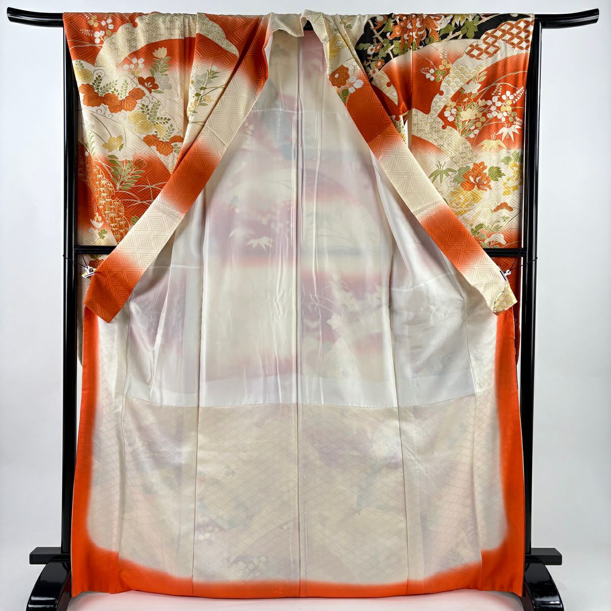 振袖禮服 身長171.5cm 袖長66cm M 雙層 雪輪 草花紋 金絲 金銀彩 朱 純蠶絲 秀品級