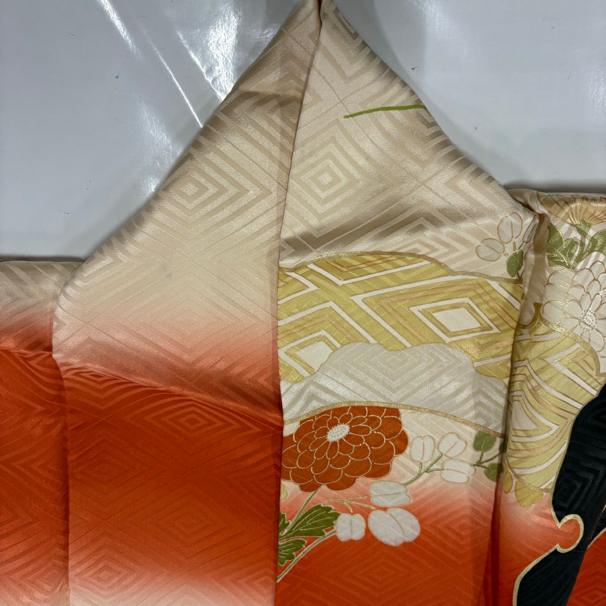 振袖禮服 身長171.5cm 袖長66cm M 雙層 雪輪 草花紋 金絲 金銀彩 朱 純蠶絲 秀品級