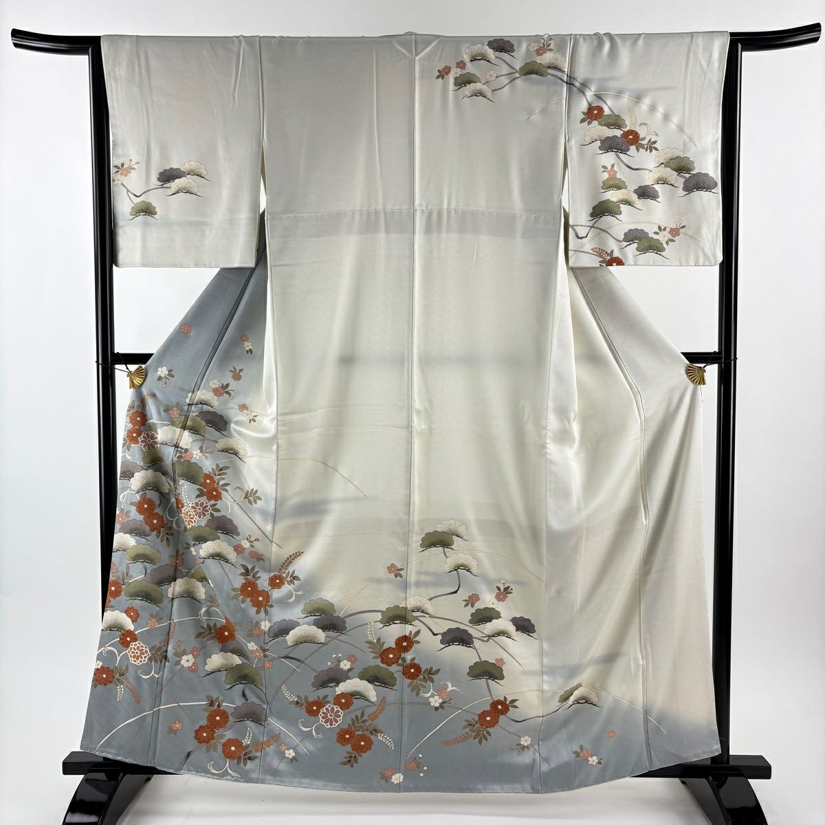 【美品】訪問服 身長162cm 袖長64.5cm M 雙層 笠松樹 草花紋紋 金彩裝飾 漸層 青灰色 純蠶絲 秀品級