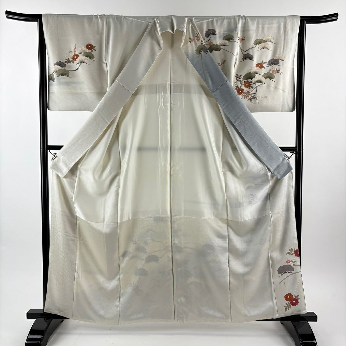 【美品】訪問服 身長162cm 袖長64.5cm M 雙層 笠松樹 草花紋紋 金彩裝飾 漸層 青灰色 純蠶絲 秀品級