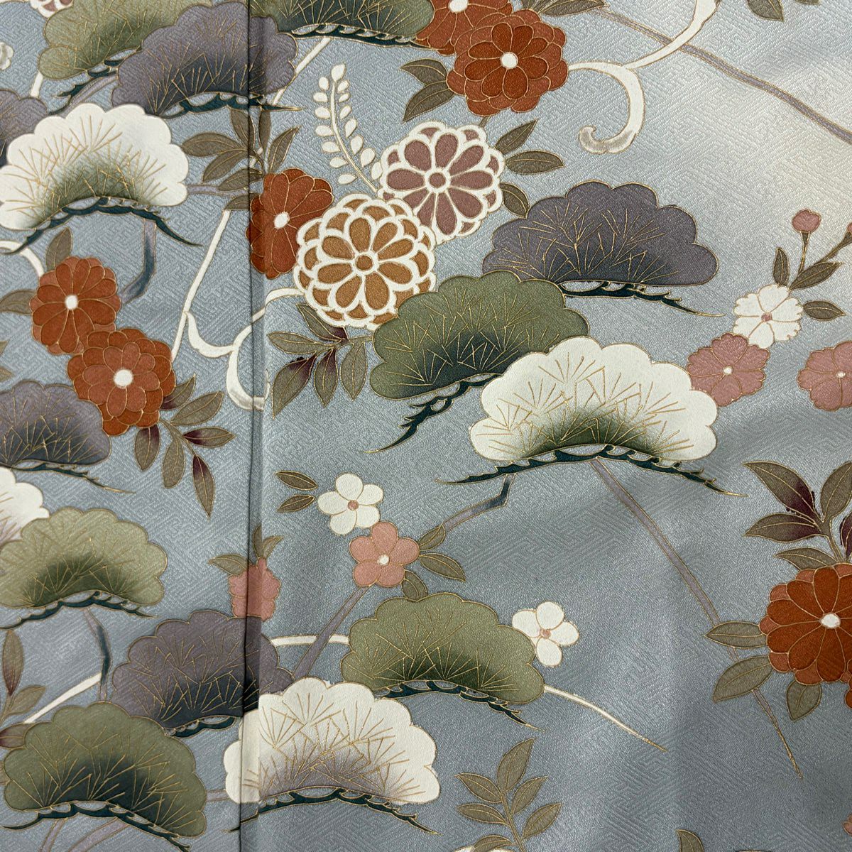 【美品】訪問服 身長162cm 袖長64.5cm M 雙層 笠松樹 草花紋紋 金彩裝飾 漸層 青灰色 純蠶絲 秀品級
