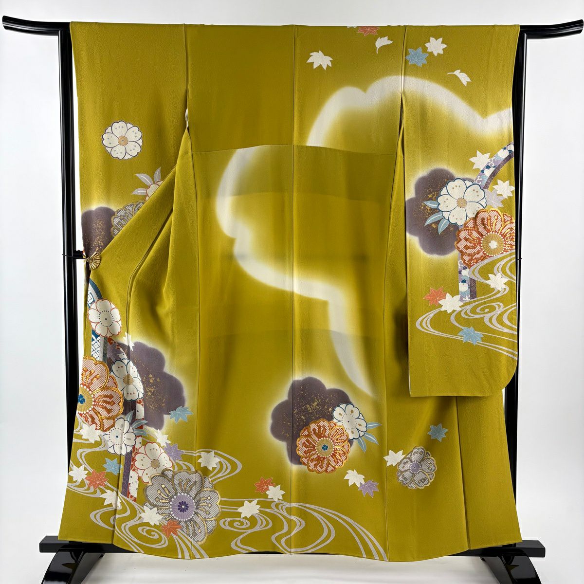 振袖禮服 身長159.5cm 袖長64cm M 雙層 櫻花 流水 金絲 金銀彩 芥末色 純蠶絲 優品級