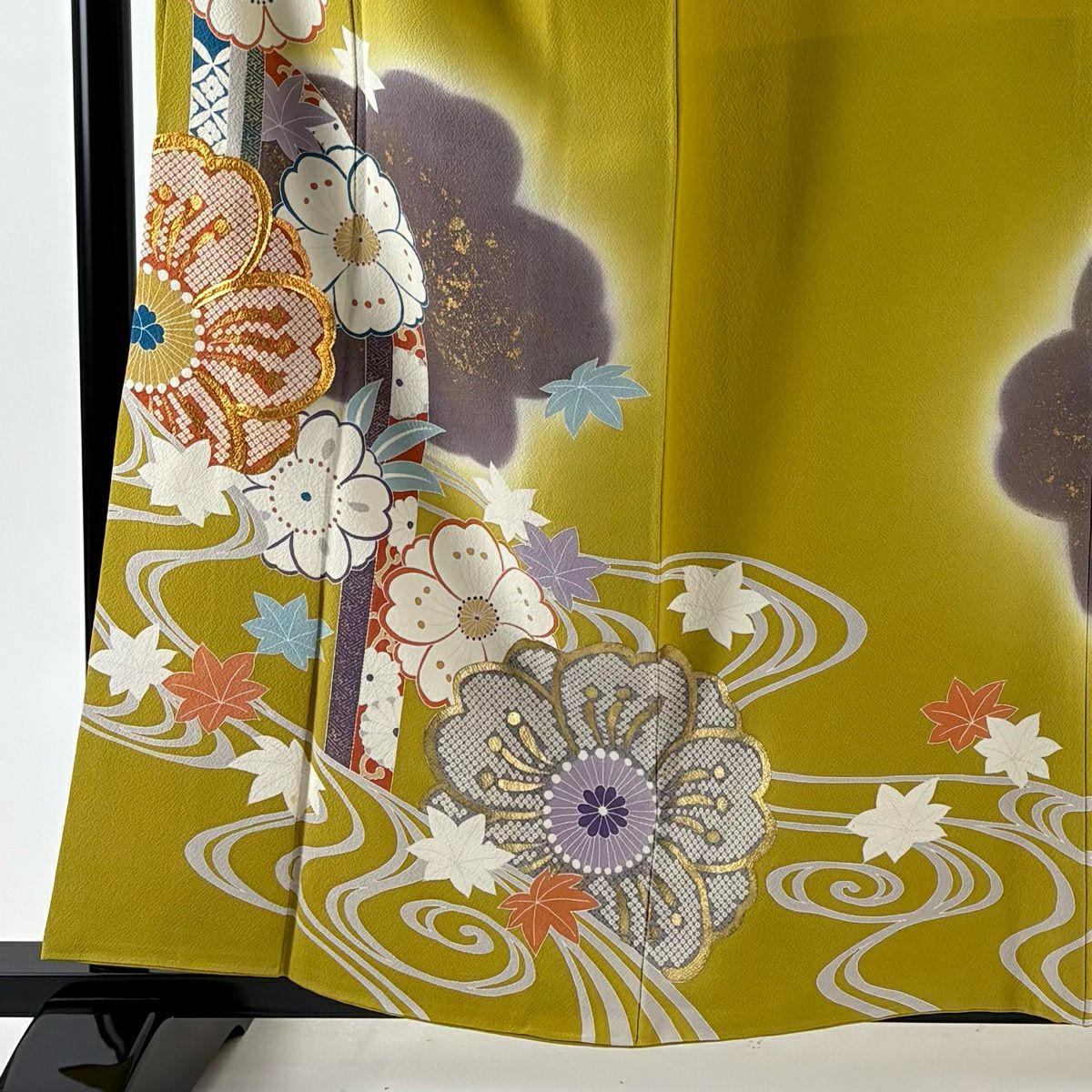 振袖禮服 身長159.5cm 袖長64cm M 雙層 櫻花 流水 金絲 金銀彩 芥末色 純蠶絲 優品級