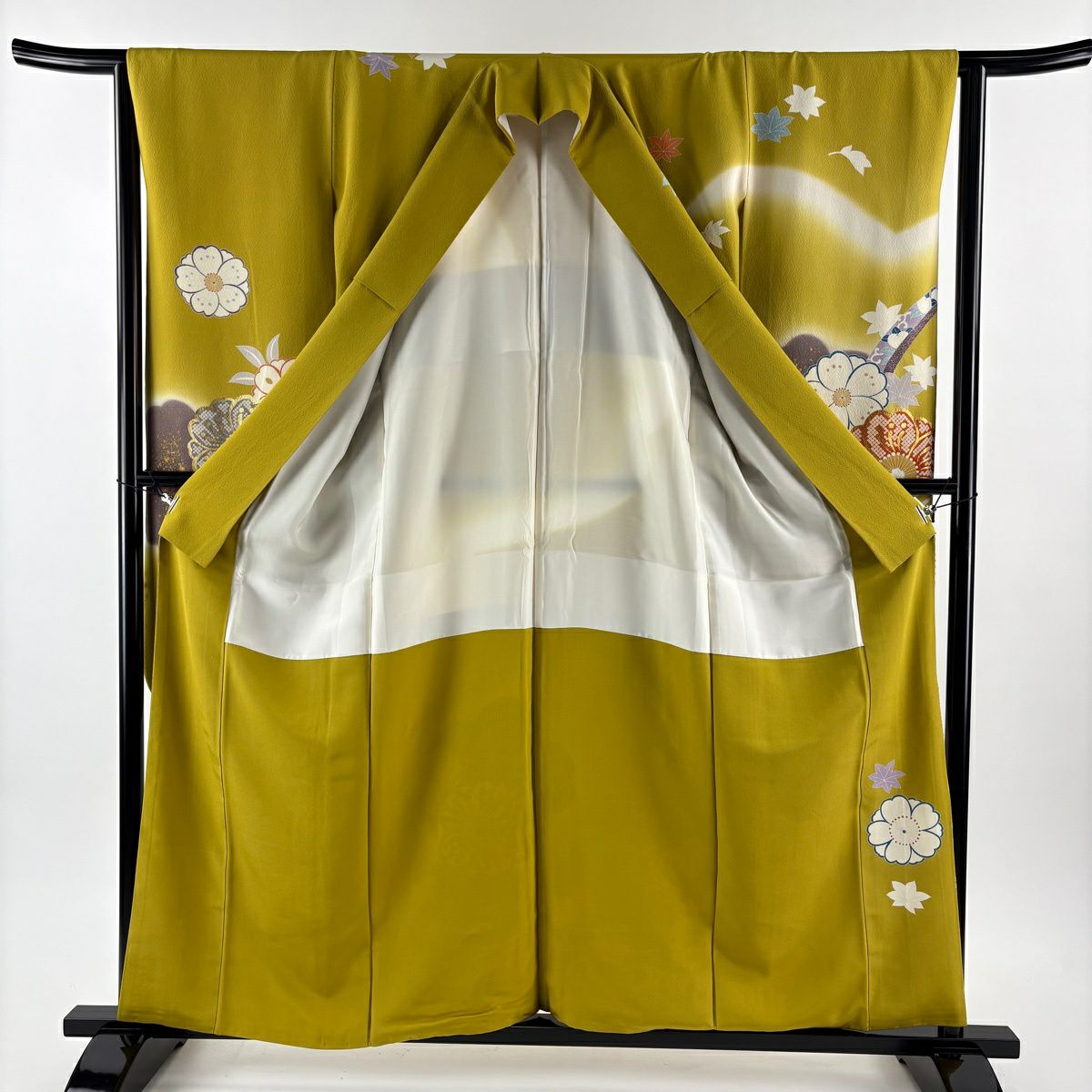 振袖禮服 身長159.5cm 袖長64cm M 雙層 櫻花 流水 金絲 金銀彩 芥末色 純蠶絲 優品級