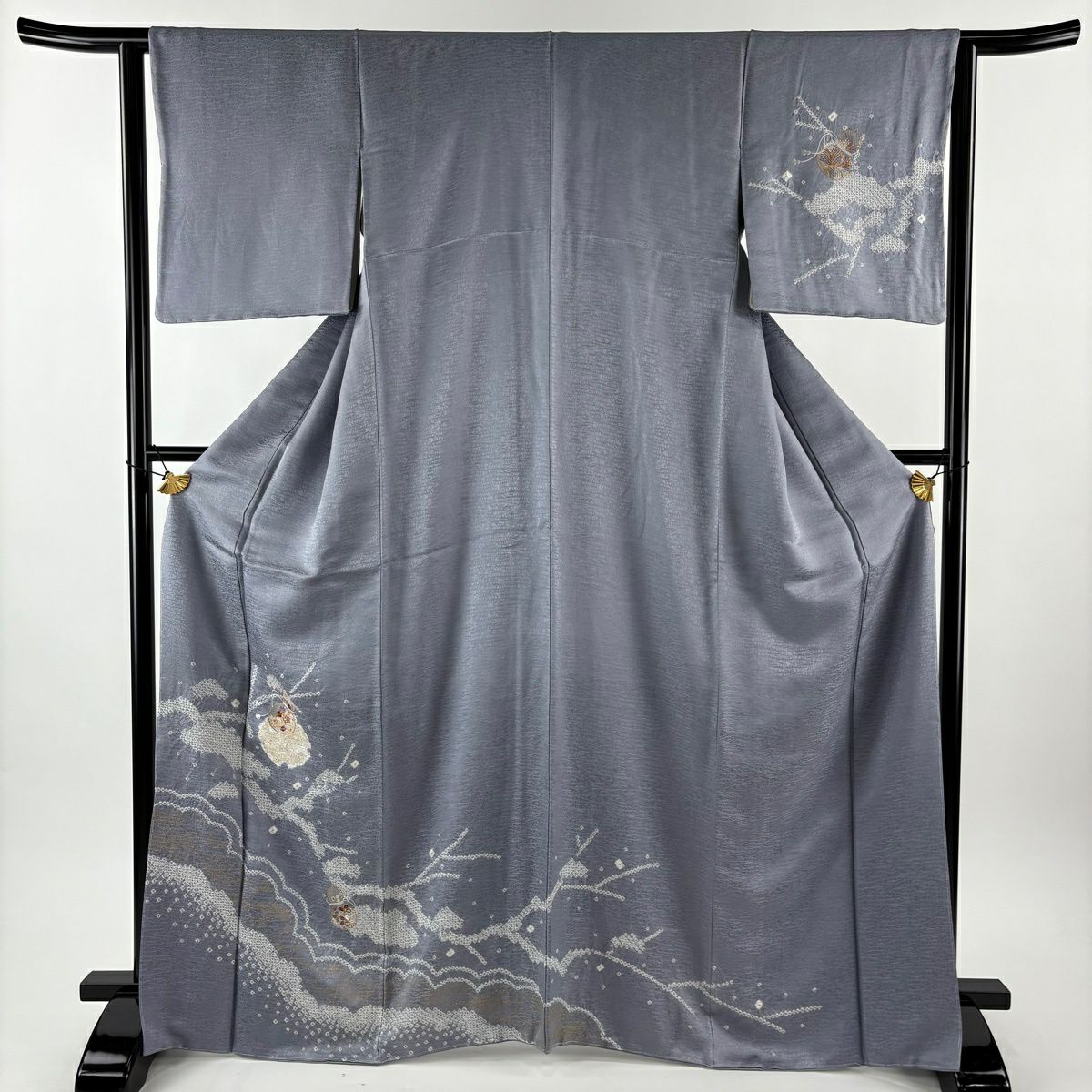 【美品】 付下 身長168.5cm 袖長63.5cm S 雙層 雪輪 瓢箪 金糸 絞染 青灰 純蠶絲 秀品級