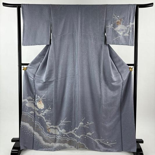 【美品】 付下 身長168.5cm 袖長63.5cm S 雙層 雪輪 瓢箪 金糸 絞染 青灰 純蠶絲 秀品級
