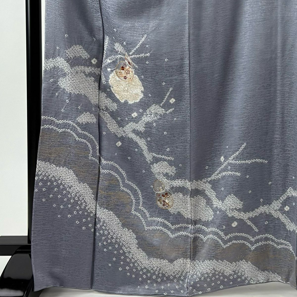 【美品】 付下 身長168.5cm 袖長63.5cm S 雙層 雪輪 瓢箪 金糸 絞染 青灰 純蠶絲 秀品級