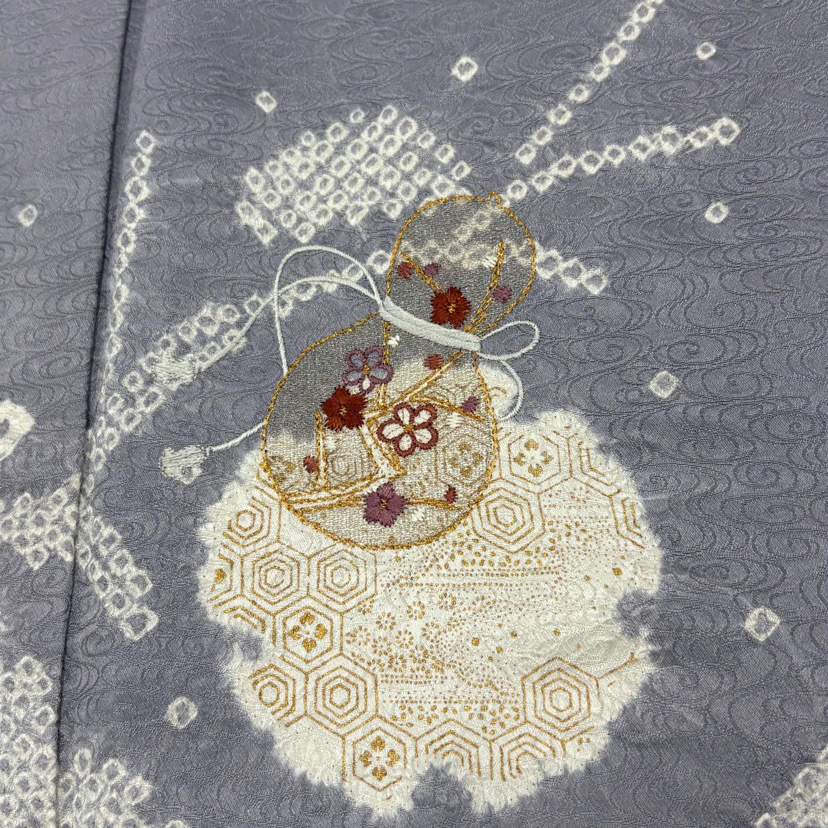 【美品】 付下 身長168.5cm 袖長63.5cm S 雙層 雪輪 瓢箪 金糸 絞染 青灰 純蠶絲 秀品級