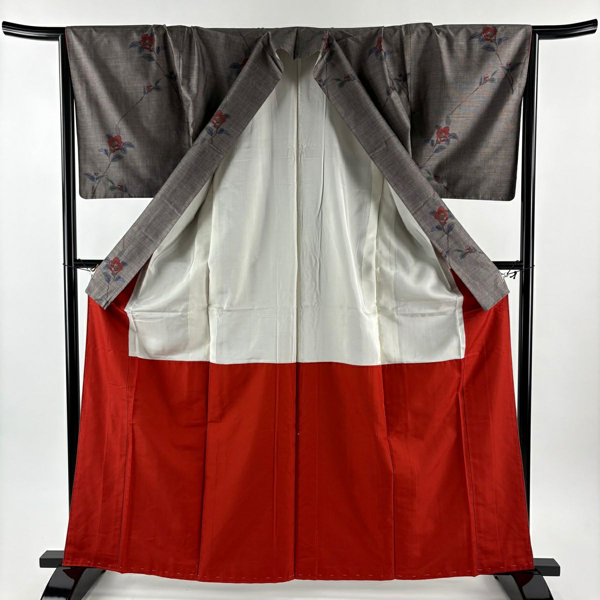 【美品】 紬織 身長163cm 袖長67cm M 雙層 椿 灰茶 純蠶絲 秀品級