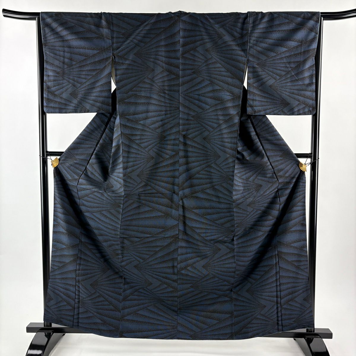 【美品】 紬織 身長162.5cm 袖長66cm M 雙層 幾何學圖案 深藍 純蠶絲 秀品級