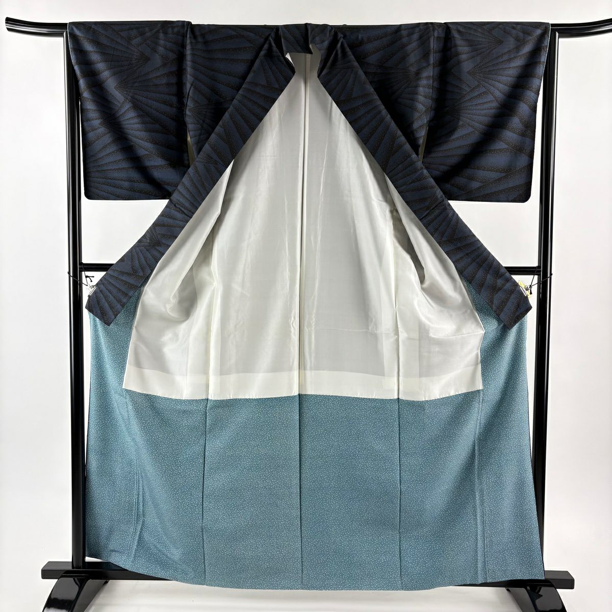 【美品】 紬織 身長162.5cm 袖長66cm M 雙層 幾何學圖案 深藍 純蠶絲 秀品級