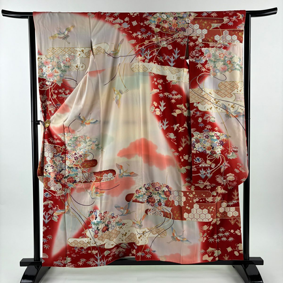 振袖禮服 身長158.5cm 袖長64cm M 雙層 花扇子 仙鶴 金銀彩 染分 紅 純蠶絲 秀品級