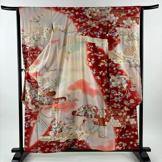 振袖禮服 身長158.5cm 袖長64cm M 雙層 花扇子 仙鶴 金銀彩 染分 紅 純蠶絲 秀品級