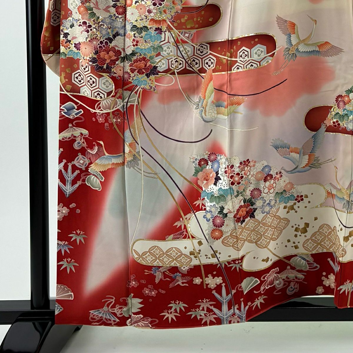 振袖禮服 身長158.5cm 袖長64cm M 雙層 花扇子 仙鶴 金銀彩 染分 紅 純蠶絲 秀品級