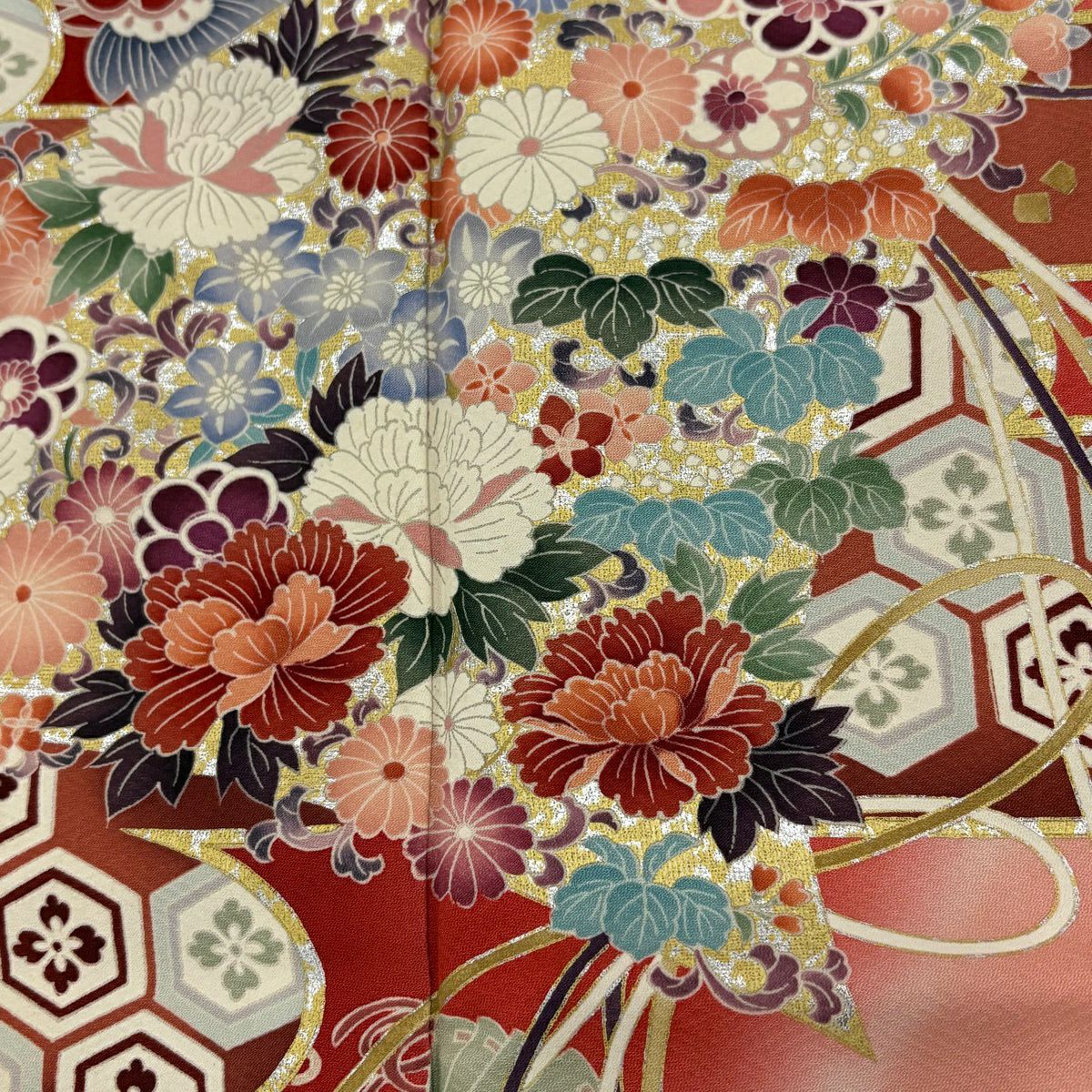 振袖禮服 身長158.5cm 袖長64cm M 雙層 花扇子 仙鶴 金銀彩 染分 紅 純蠶絲 秀品級