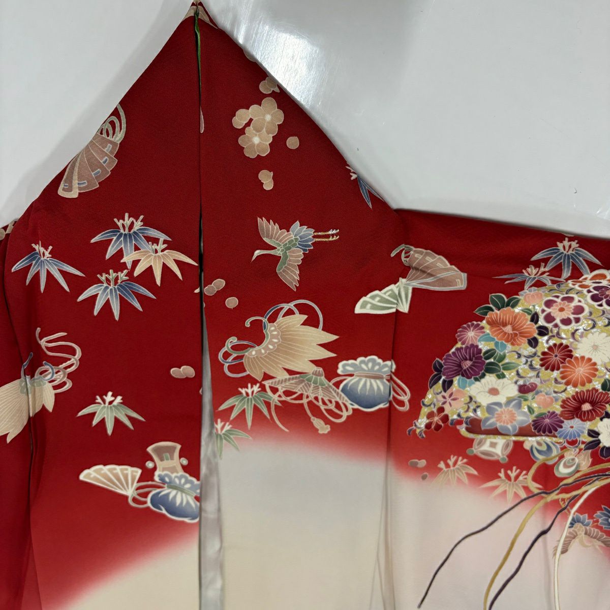振袖禮服 身長158.5cm 袖長64cm M 雙層 花扇子 仙鶴 金銀彩 染分 紅 純蠶絲 秀品級