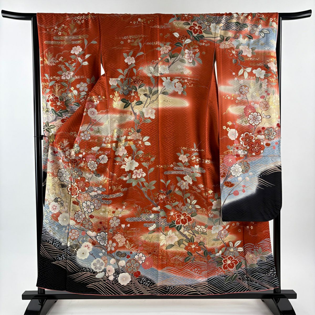 振袖禮服 身長157.5cm 袖長65.5cm M 雙層 枝梅花 ヱ霞 金絲 金銀彩 朱 純蠶絲 秀品級