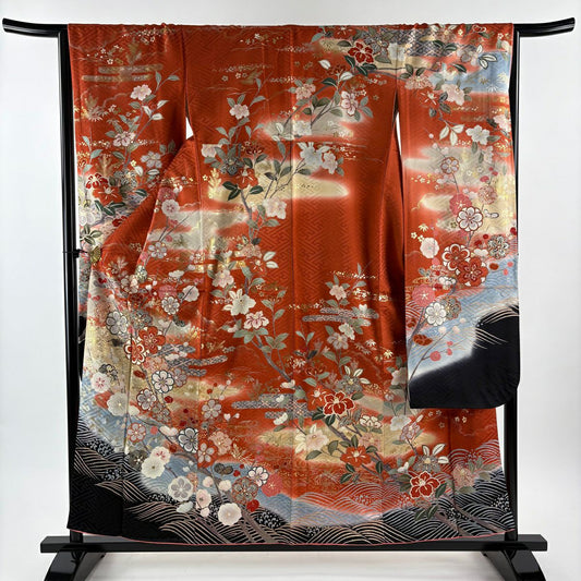 振袖禮服 身長157.5cm 袖長65.5cm M 雙層 枝梅花 ヱ霞 金絲 金銀彩 朱 純蠶絲 秀品級