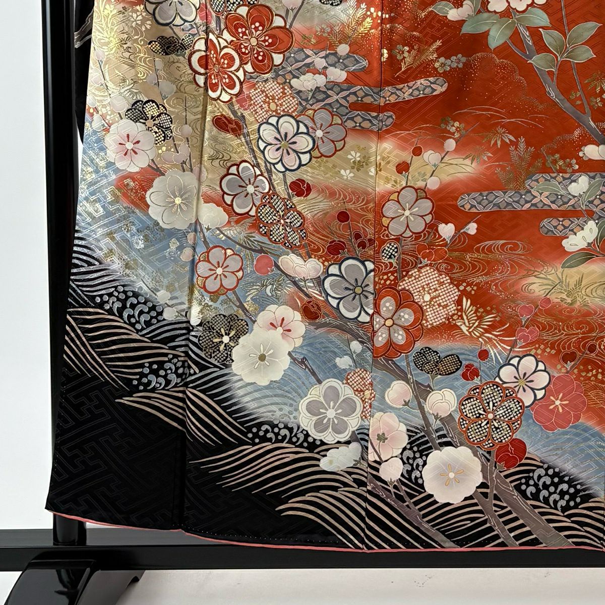 振袖禮服 身長157.5cm 袖長65.5cm M 雙層 枝梅花 ヱ霞 金絲 金銀彩 朱 純蠶絲 秀品級