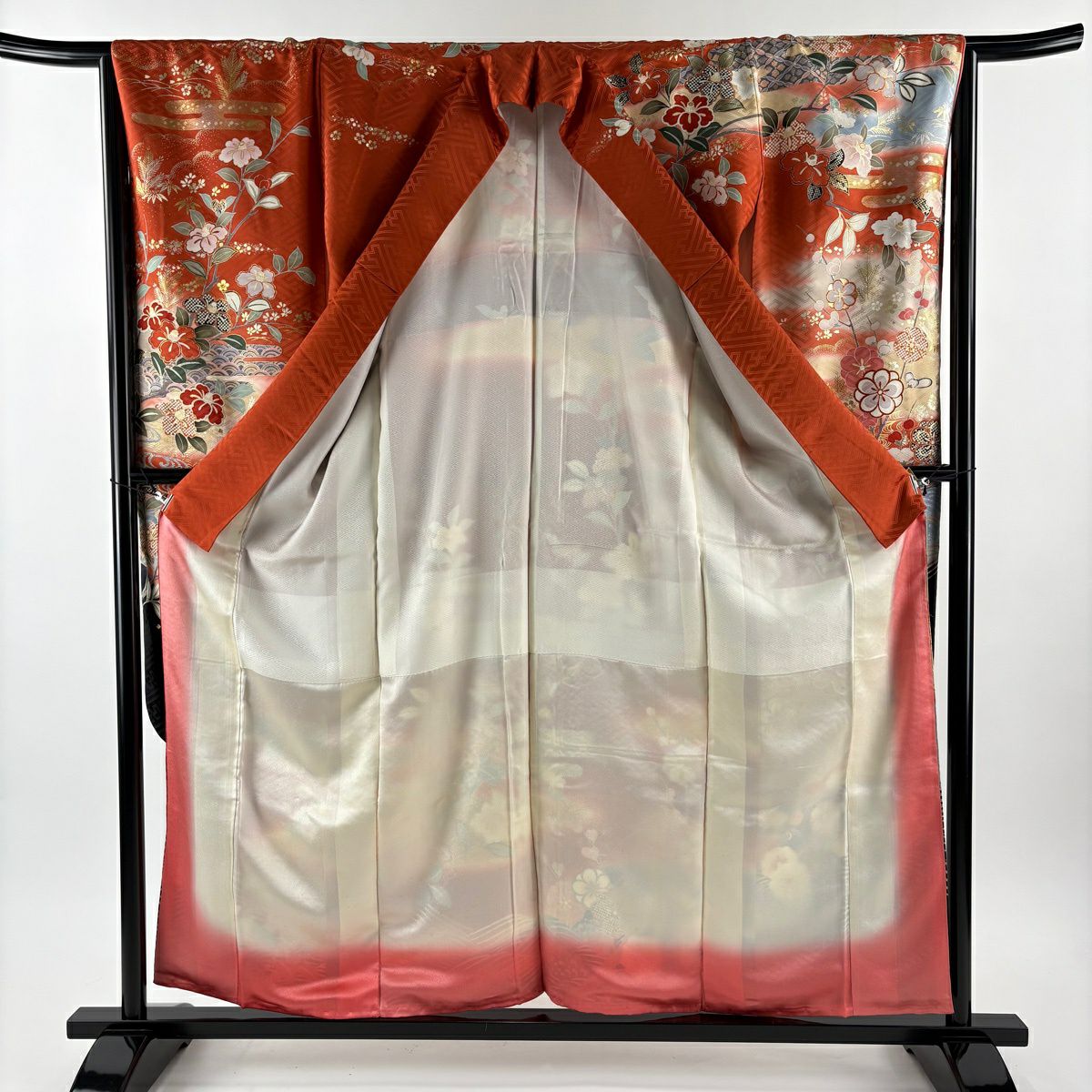 振袖禮服 身長157.5cm 袖長65.5cm M 雙層 枝梅花 ヱ霞 金絲 金銀彩 朱 純蠶絲 秀品級