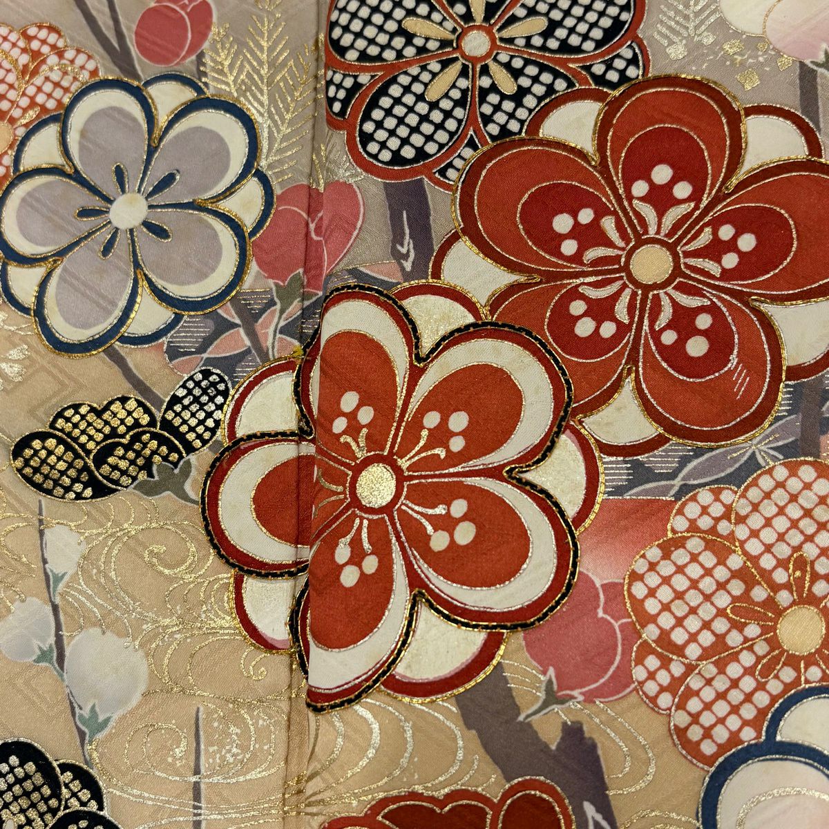 振袖禮服 身長157.5cm 袖長65.5cm M 雙層 枝梅花 ヱ霞 金絲 金銀彩 朱 純蠶絲 秀品級