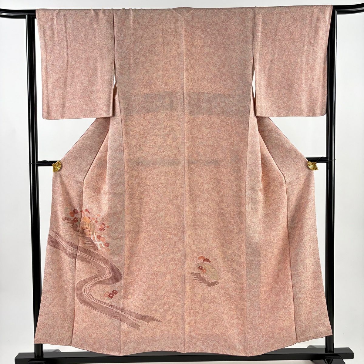 【美品】 付下 身長153cm 袖長64cm M 雙層 大和 御所車 流水 金絲 刺繡 粉紅 純蠶絲 優品級