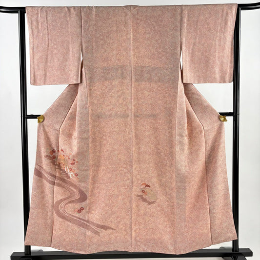 【美品】 付下 身長153cm 袖長64cm M 雙層 大和 御所車 流水 金絲 刺繡 粉紅 純蠶絲 優品級