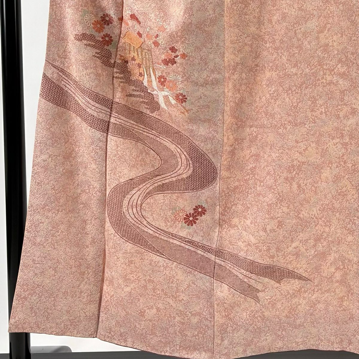 【美品】 付下 身長153cm 袖長64cm M 雙層 大和 御所車 流水 金絲 刺繡 粉紅 純蠶絲 優品級