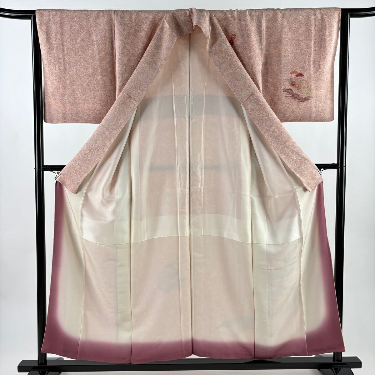 【美品】 付下 身長153cm 袖長64cm M 雙層 大和 御所車 流水 金絲 刺繡 粉紅 純蠶絲 優品級