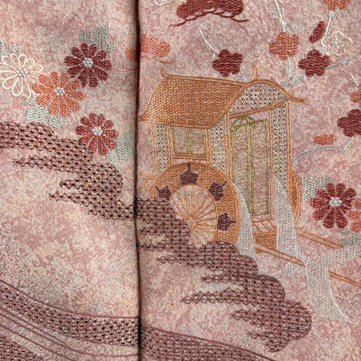 【美品】 付下 身長153cm 袖長64cm M 雙層 大和 御所車 流水 金絲 刺繡 粉紅 純蠶絲 優品級