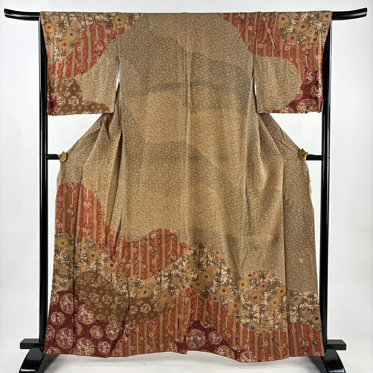 訪問服 身長159cm 袖長66cm M 雙層 落款有 花丸紋 菊花 花紋 金彩裝飾 淺茶 純蠶絲 優品級
