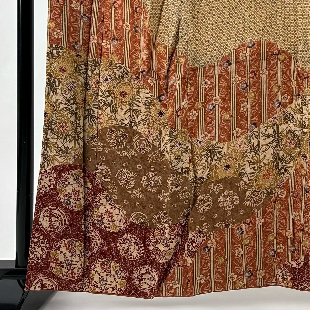 訪問服 身長159cm 袖長66cm M 雙層 落款有 花丸紋 菊花 花紋 金彩裝飾 淺茶 純蠶絲 優品級