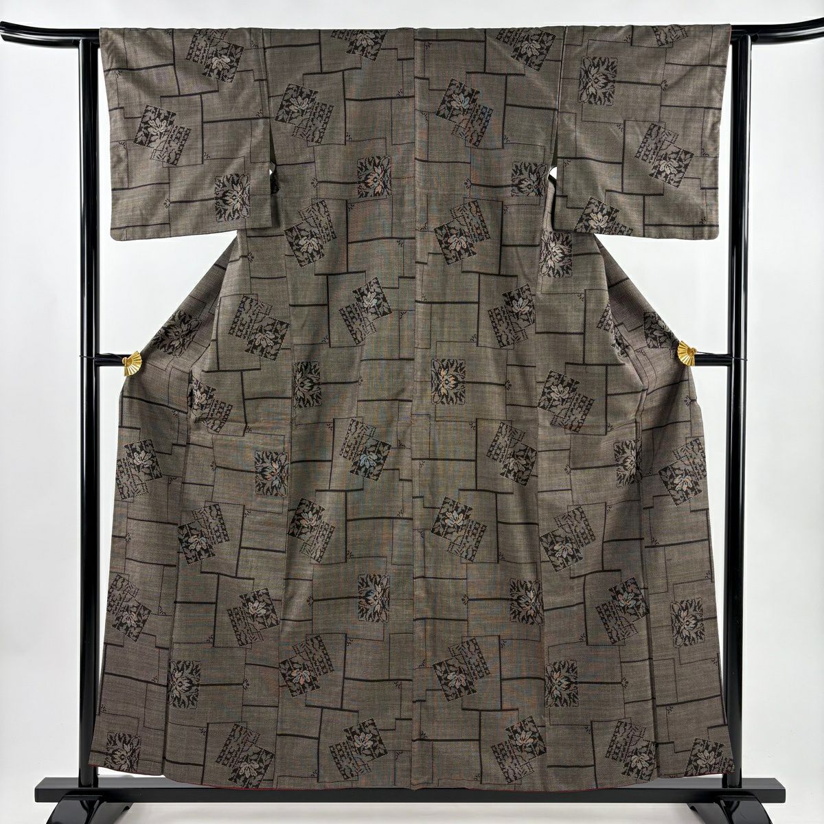 【美品】 紬織 身長158cm 袖長62.5cm S 雙層 色紙 草花紋紋 焦茶 純蠶絲 秀品級