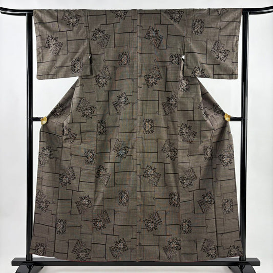 【美品】 紬織 身長158cm 袖長62.5cm S 雙層 色紙 草花紋紋 焦茶 純蠶絲 秀品級