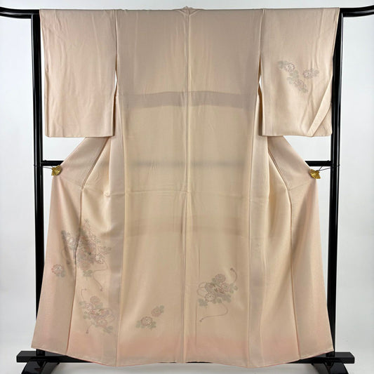【美品】 付下 身長157.5cm 袖長63.5cm S 雙層 貝桶 菊花 刺繡 淺粉色 純蠶絲 優品級