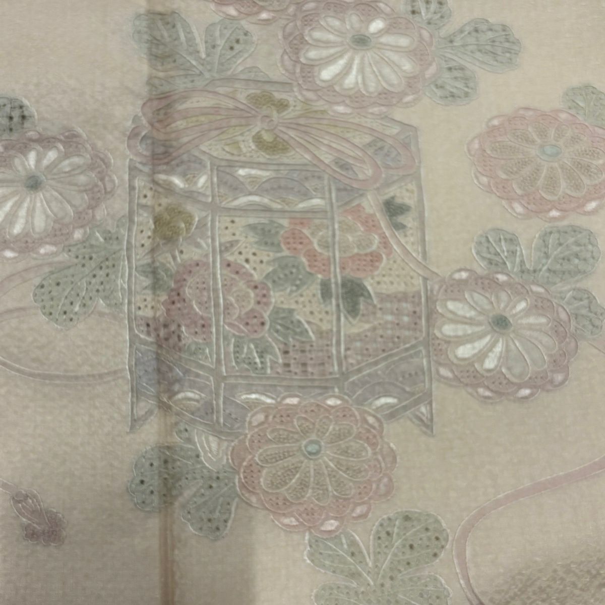 【美品】 付下 身長157.5cm 袖長63.5cm S 雙層 貝桶 菊花 刺繡 淺粉色 純蠶絲 優品級