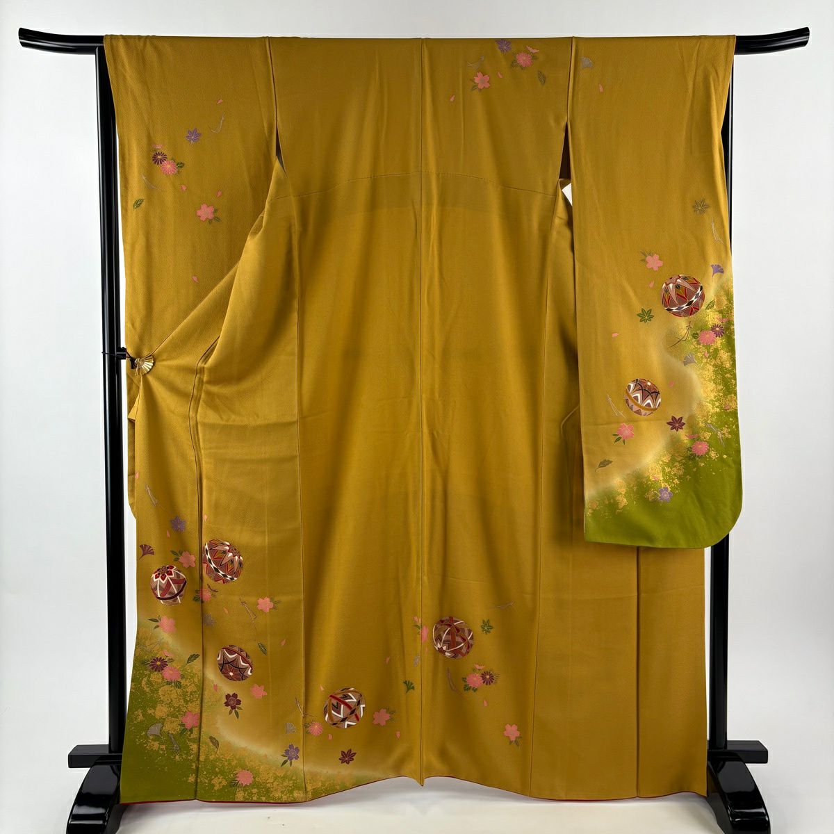 【美品】振袖禮服 身長166cm 袖長66cm M 雙層 手鞠 櫻花 金銀彩 染分 山吹茶 純蠶絲 秀品級