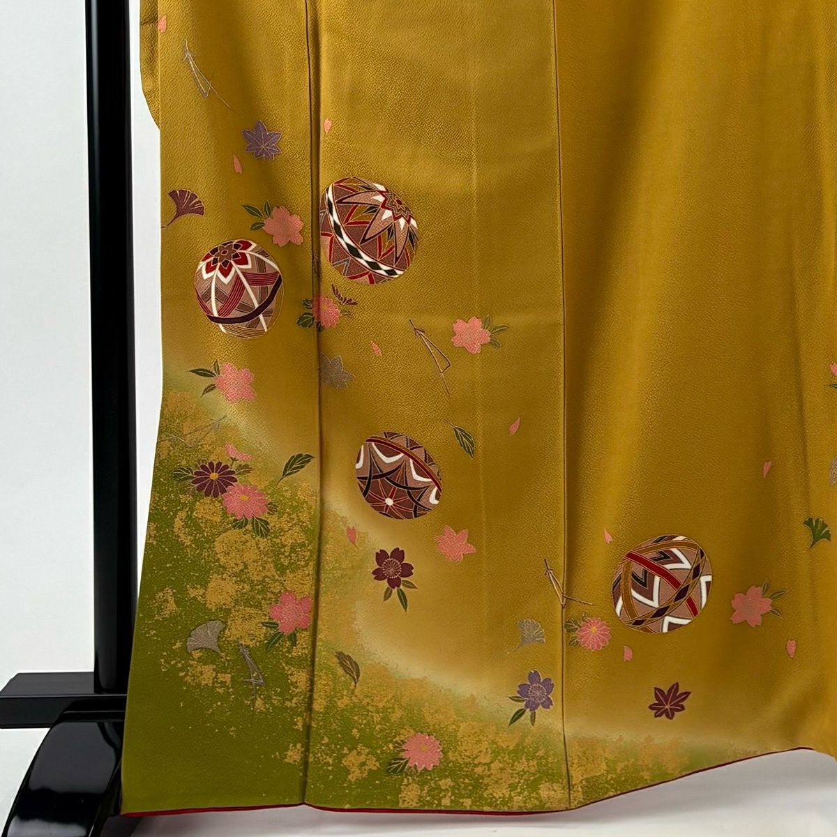 【美品】振袖禮服 身長166cm 袖長66cm M 雙層 手鞠 櫻花 金銀彩 染分 山吹茶 純蠶絲 秀品級