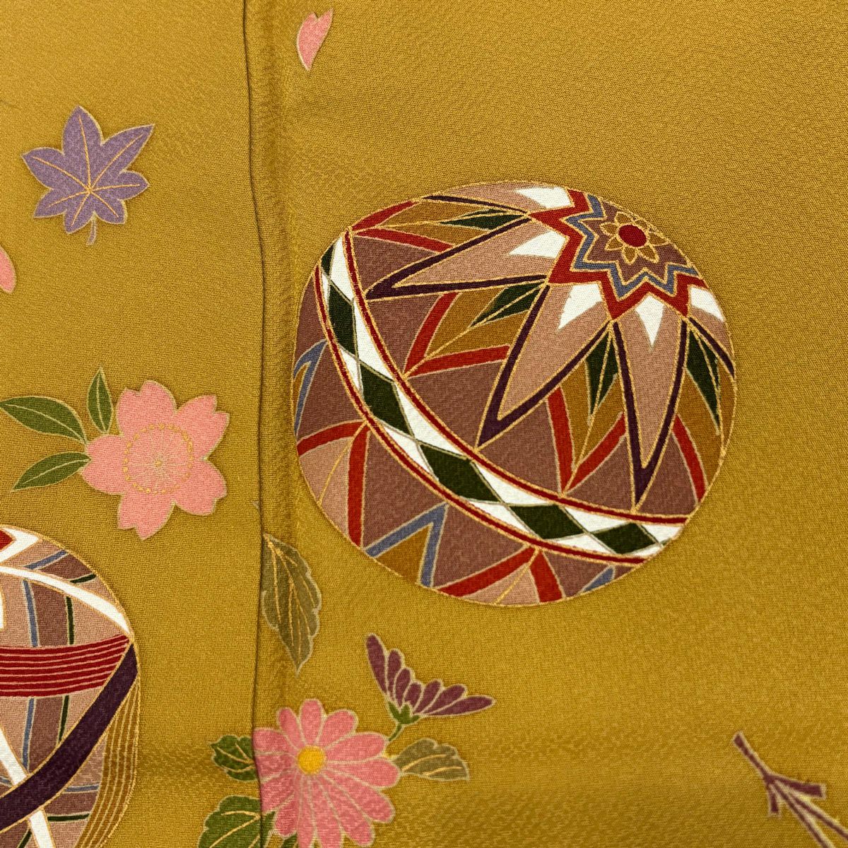 【美品】振袖禮服 身長166cm 袖長66cm M 雙層 手鞠 櫻花 金銀彩 染分 山吹茶 純蠶絲 秀品級